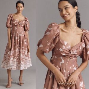 Monet Puff sleeve square neck midi dress